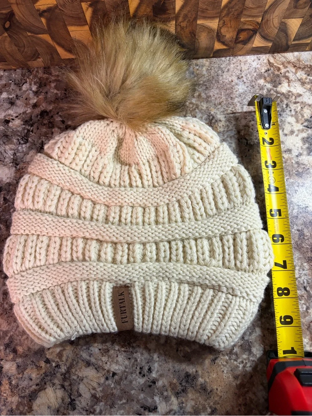 Cream Knit Pom Beanie with Faux Fur Top